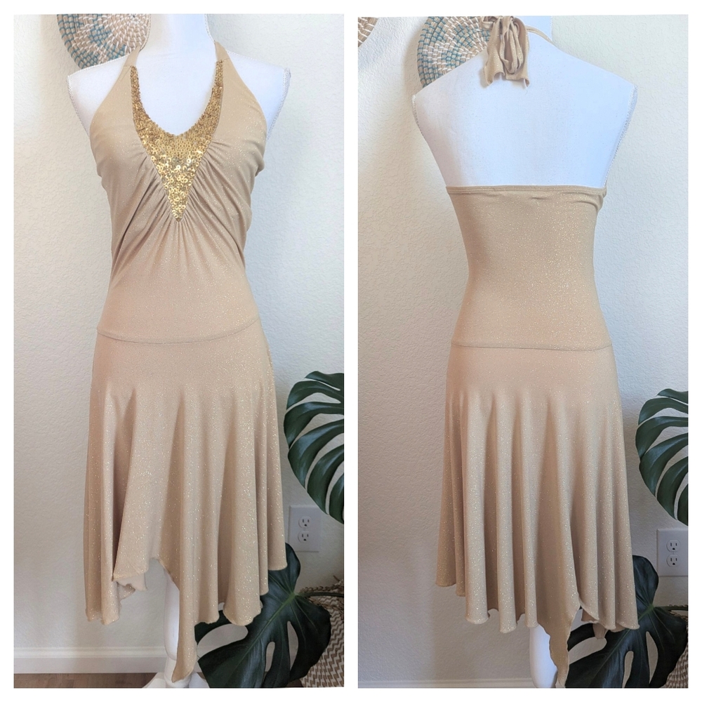 Speechless Gold Sequin Halter Dress | Size Small | High Low, Fit & Flare, Party